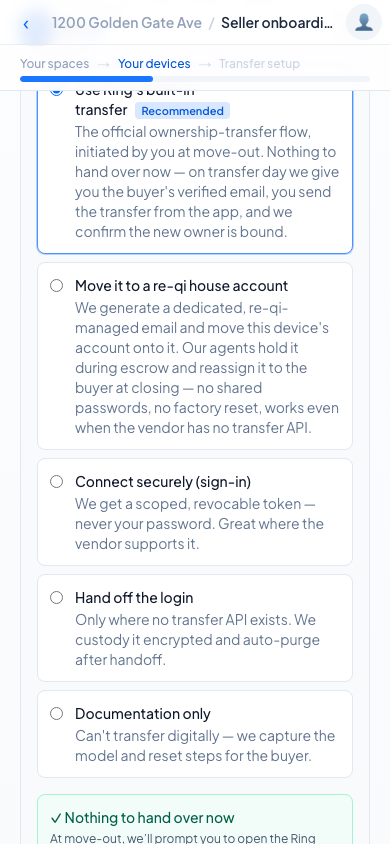 Method selection showing Ring's built-in transfer recommended first