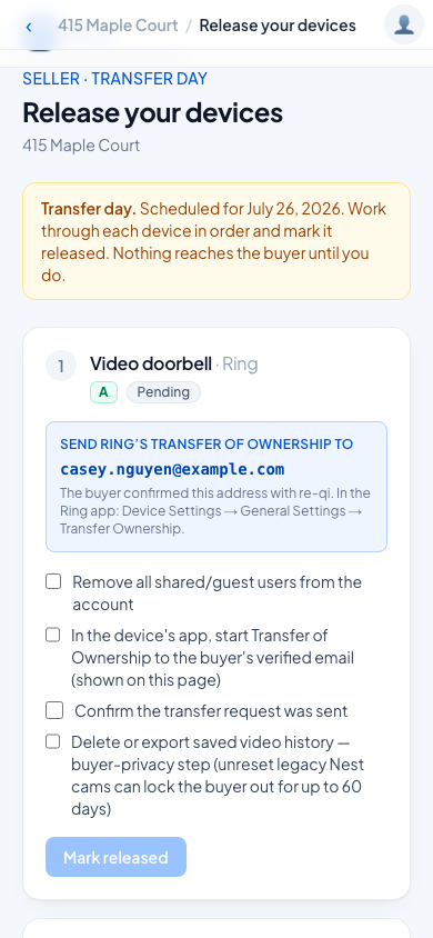 Seller transfer-day checklist showing the buyer's verified email for the Ring transfer