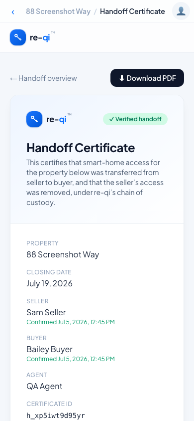 The re-qi Handoff Certificate with verified devices and chain of custody